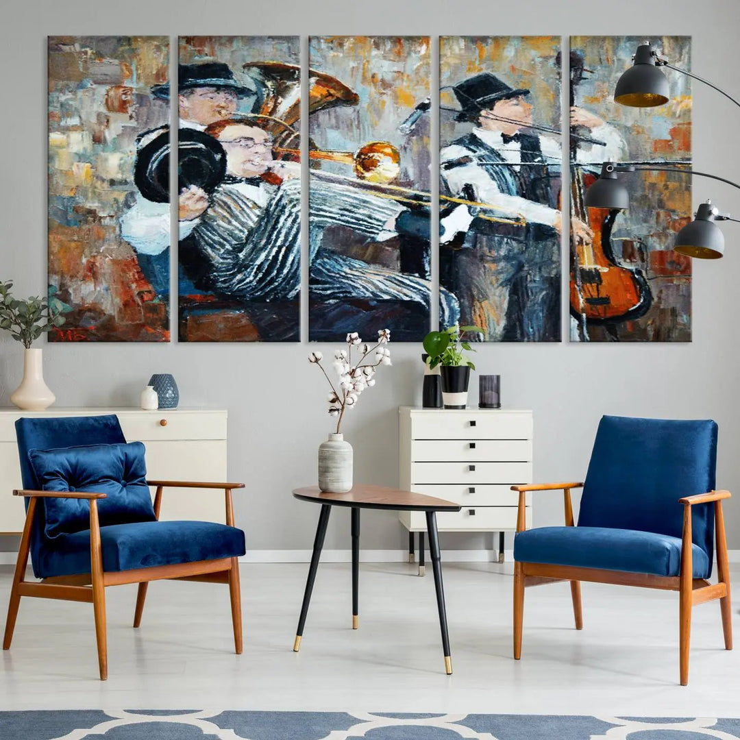 The Good Old Days Musicians Wall Art Canvas Print graces the wall, merging art with elegance. This museum-quality canvas comes with a UV-protective coating and is ready to hang.