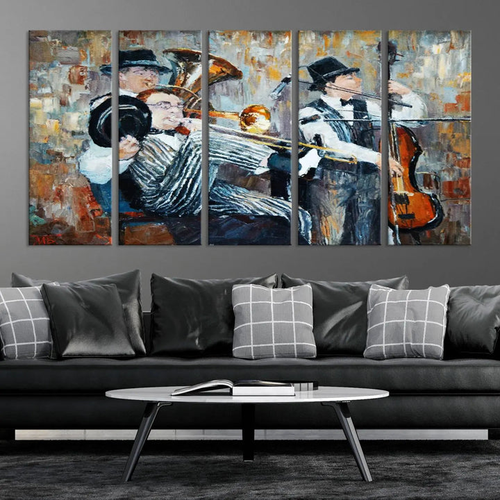 The Good Old Days Musicians Wall Art Canvas Print graces the wall, merging art with elegance. This museum-quality canvas comes with a UV-protective coating and is ready to hang.