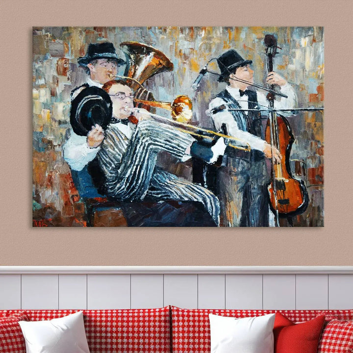 The Good Old Days Musicians Wall Art Canvas Print graces the wall, merging art with elegance. This museum-quality canvas comes with a UV-protective coating and is ready to hang.