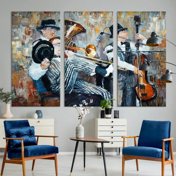 The Good Old Days Musicians Wall Art Canvas Print graces the wall, merging art with elegance. This museum-quality canvas comes with a UV-protective coating and is ready to hang.