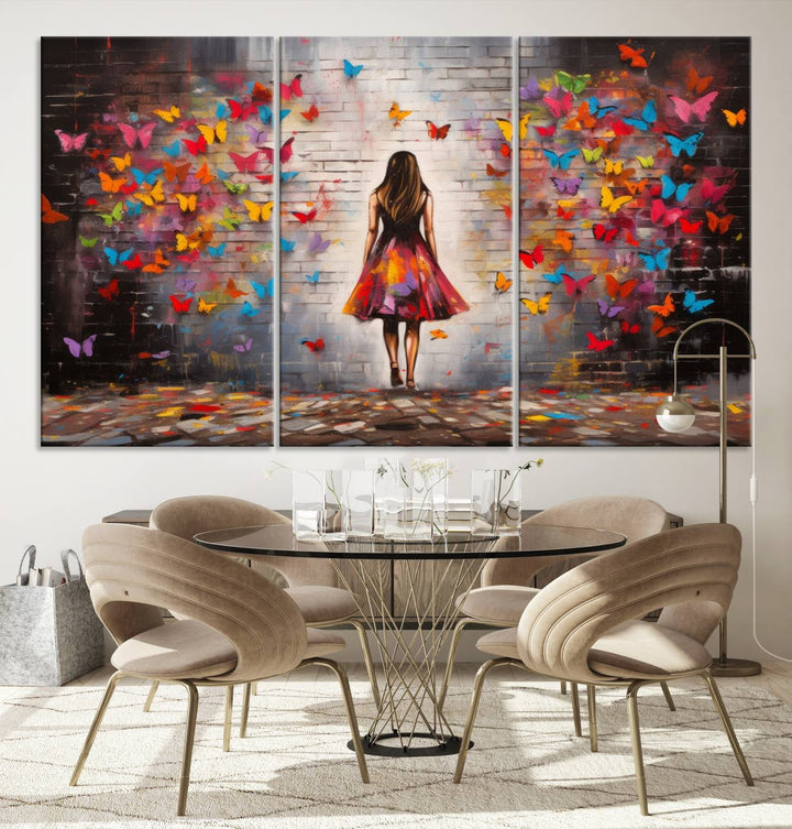 A vibrant artwork titled "Graffiti Wall Art Canvas Print Girl Butterfly Graffiti Abstract Canvas Print" is displayed above the couch. This gallery-wrapped masterpiece, printed on museum-quality canvas, features a UV-protective coating to preserve its vivid beauty.