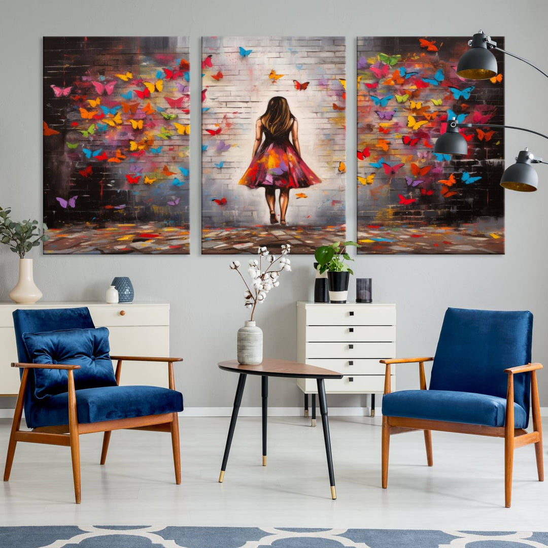 A vibrant artwork titled "Graffiti Wall Art Canvas Print Girl Butterfly Graffiti Abstract Canvas Print" is displayed above the couch. This gallery-wrapped masterpiece, printed on museum-quality canvas, features a UV-protective coating to preserve its vivid beauty.