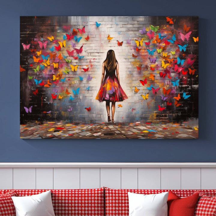 A vibrant artwork titled "Graffiti Wall Art Canvas Print Girl Butterfly Graffiti Abstract Canvas Print" is displayed above the couch. This gallery-wrapped masterpiece, printed on museum-quality canvas, features a UV-protective coating to preserve its vivid beauty.