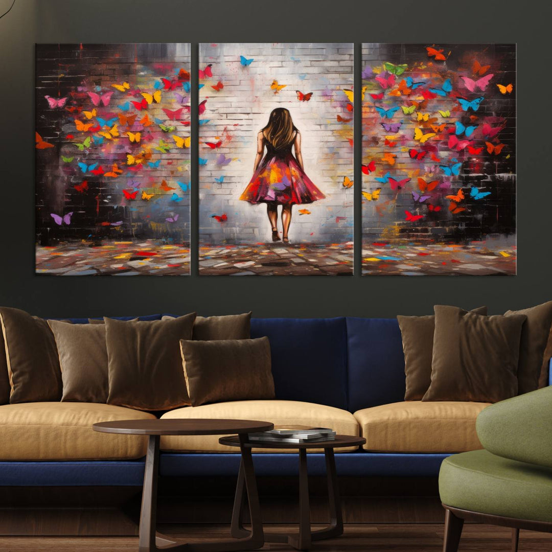 A vibrant artwork titled "Graffiti Wall Art Canvas Print Girl Butterfly Graffiti Abstract Canvas Print" is displayed above the couch. This gallery-wrapped masterpiece, printed on museum-quality canvas, features a UV-protective coating to preserve its vivid beauty.