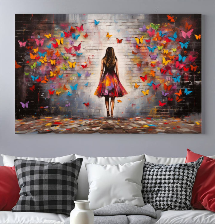 A vibrant artwork titled "Graffiti Wall Art Canvas Print Girl Butterfly Graffiti Abstract Canvas Print" is displayed above the couch. This gallery-wrapped masterpiece, printed on museum-quality canvas, features a UV-protective coating to preserve its vivid beauty.