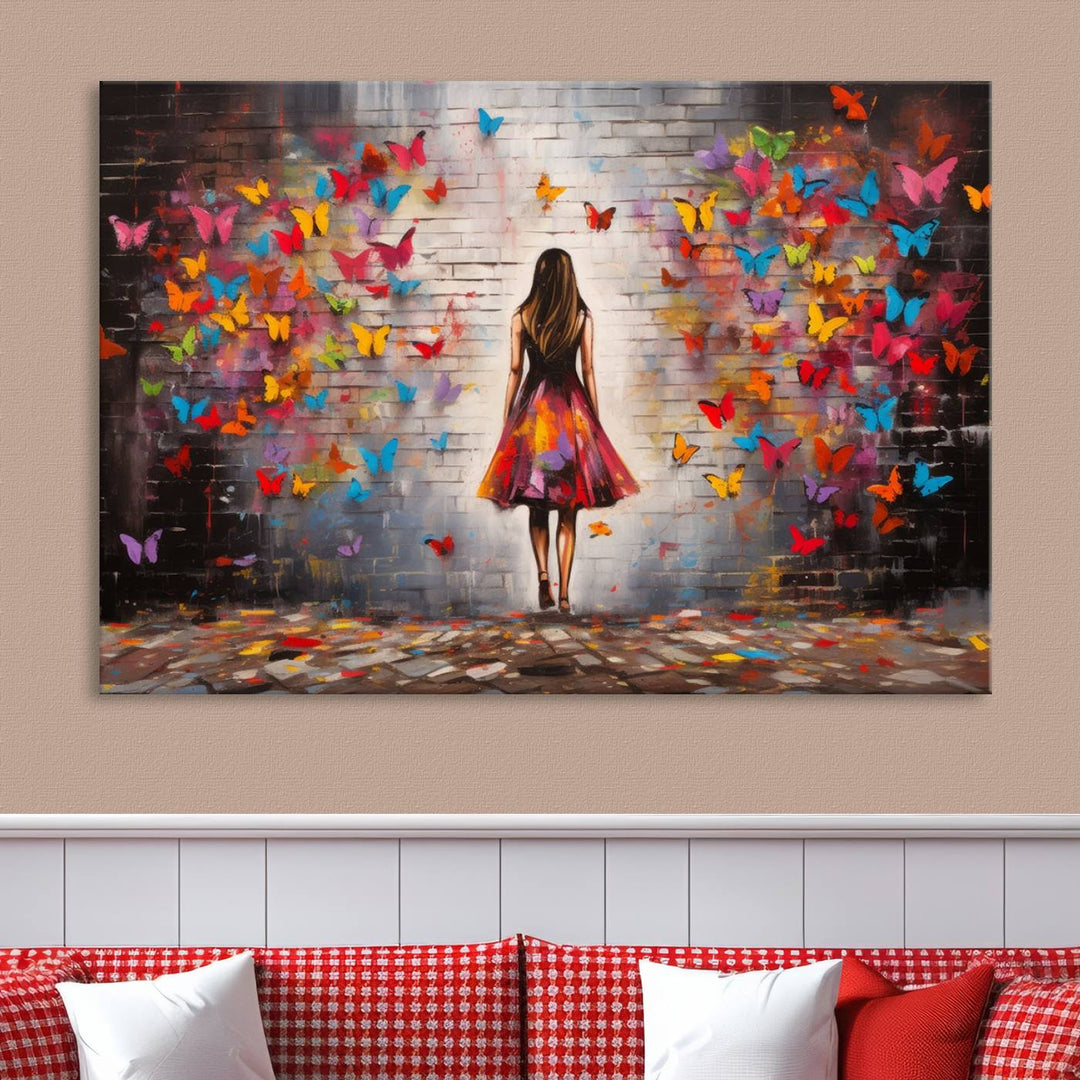 A vibrant artwork titled "Graffiti Wall Art Canvas Print Girl Butterfly Graffiti Abstract Canvas Print" is displayed above the couch. This gallery-wrapped masterpiece, printed on museum-quality canvas, features a UV-protective coating to preserve its vivid beauty.