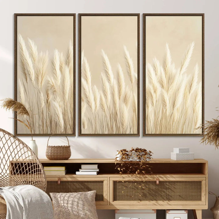 Adorning the wall are three large Grass Wall Art Prints which enhance the space with their boho minimalist aesthetic.