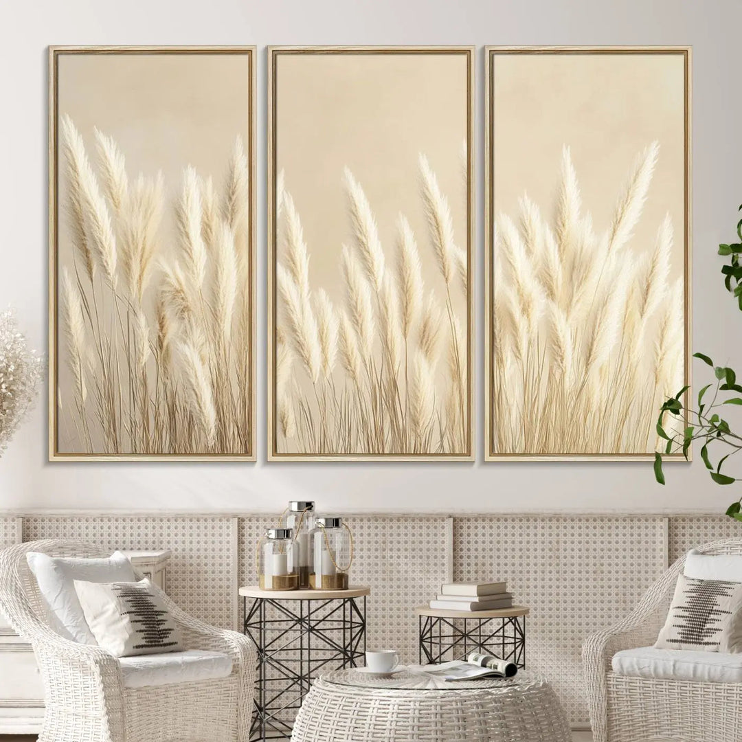 Adorning the wall are three large Grass Wall Art Prints which enhance the space with their boho minimalist aesthetic.