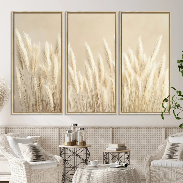 Adorning the wall are three large Grass Wall Art Prints which enhance the space with their boho minimalist aesthetic.