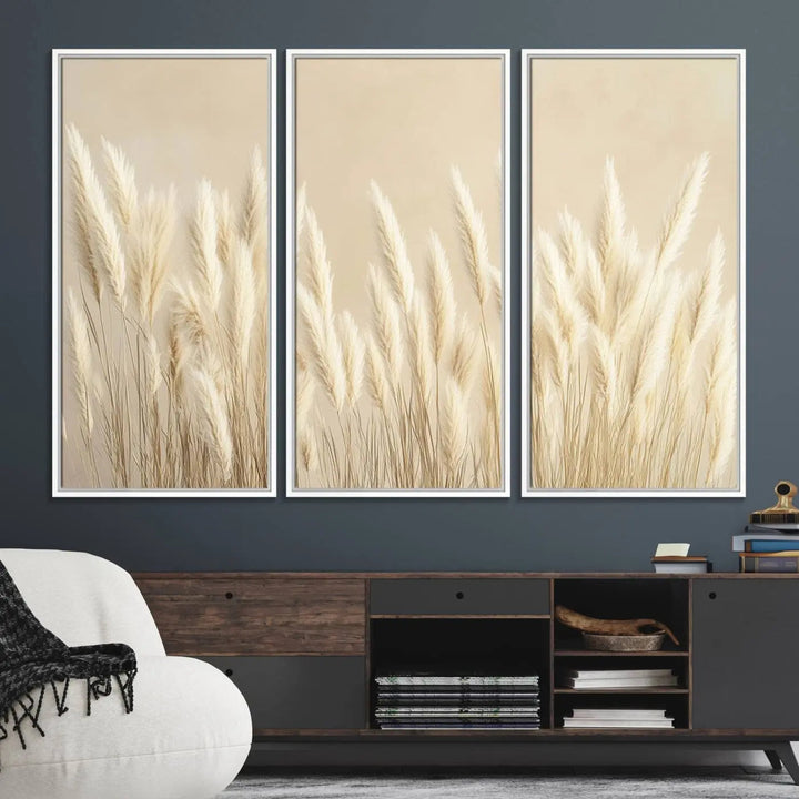 Adorning the wall are three large Grass Wall Art Prints which enhance the space with their boho minimalist aesthetic.