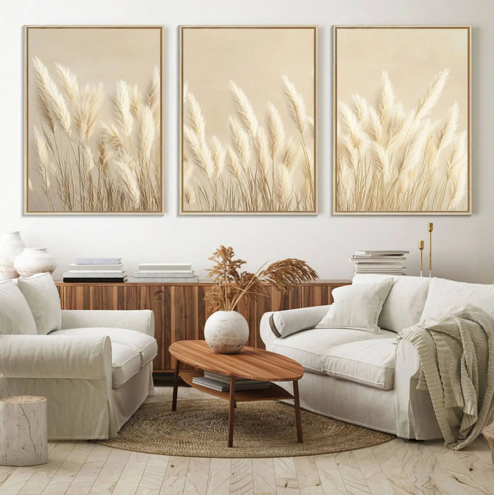 Adorning the wall are three large Grass Wall Art Prints which enhance the space with their boho minimalist aesthetic.