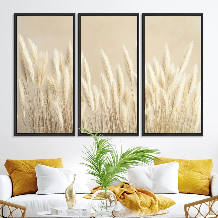 Adorning the wall are three large Grass Wall Art Prints which enhance the space with their boho minimalist aesthetic.