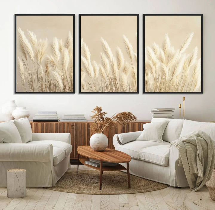 Adorning the wall are three large Grass Wall Art Prints which enhance the space with their boho minimalist aesthetic.