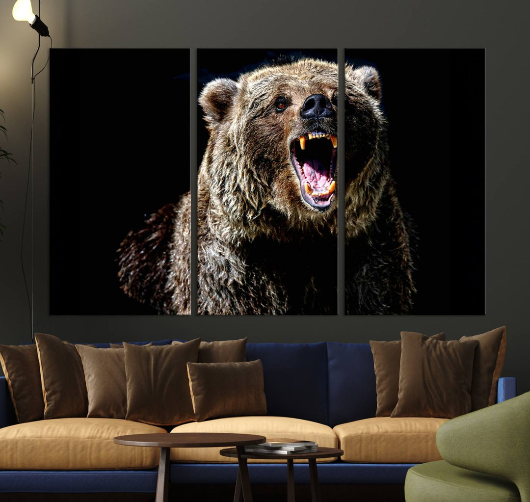 The Grizzly Bear Canvas Print, featuring wildlife wall art on a black background, is ready to hang and is perfect for rustic cabin decor.