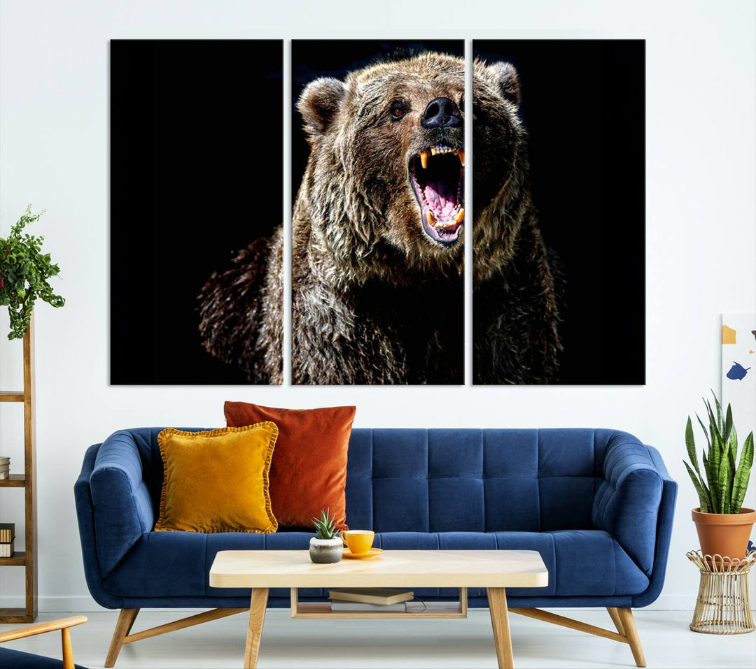 The Grizzly Bear Canvas Print, featuring wildlife wall art on a black background, is ready to hang and is perfect for rustic cabin decor.