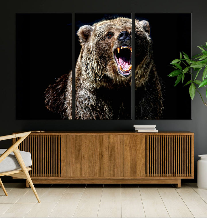 The Grizzly Bear Canvas Print, featuring wildlife wall art on a black background, is ready to hang and is perfect for rustic cabin decor.