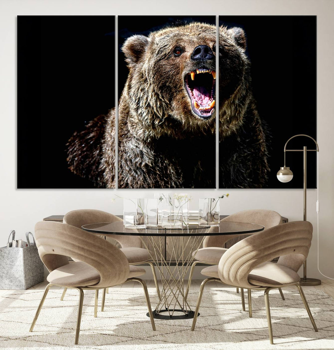 The Grizzly Bear Canvas Print, featuring wildlife wall art on a black background, is ready to hang and is perfect for rustic cabin decor.