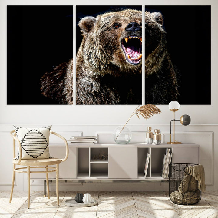 The Grizzly Bear Canvas Print, featuring wildlife wall art on a black background, is ready to hang and is perfect for rustic cabin decor.