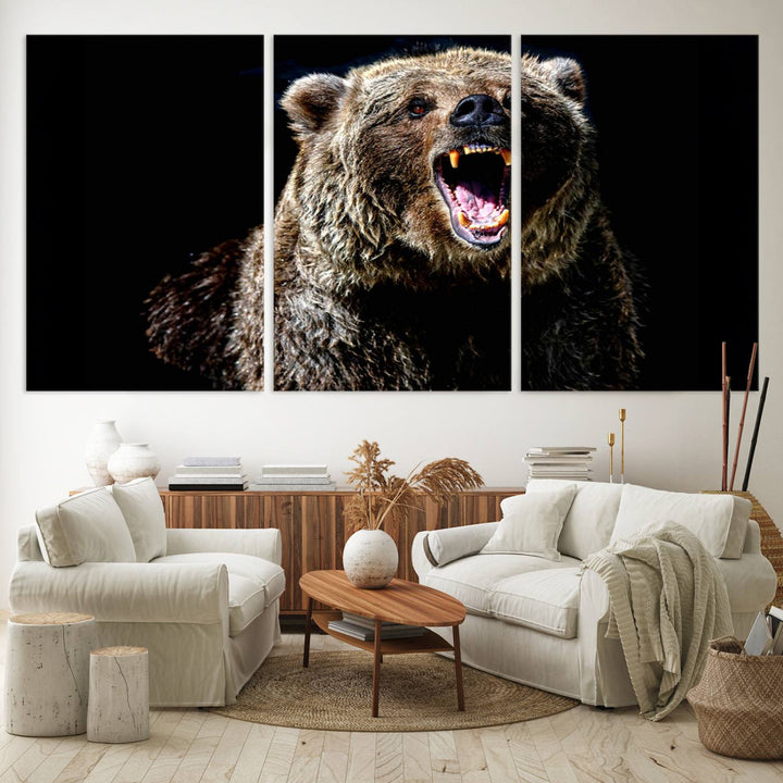 The Grizzly Bear Canvas Print, featuring wildlife wall art on a black background, is ready to hang and is perfect for rustic cabin decor.