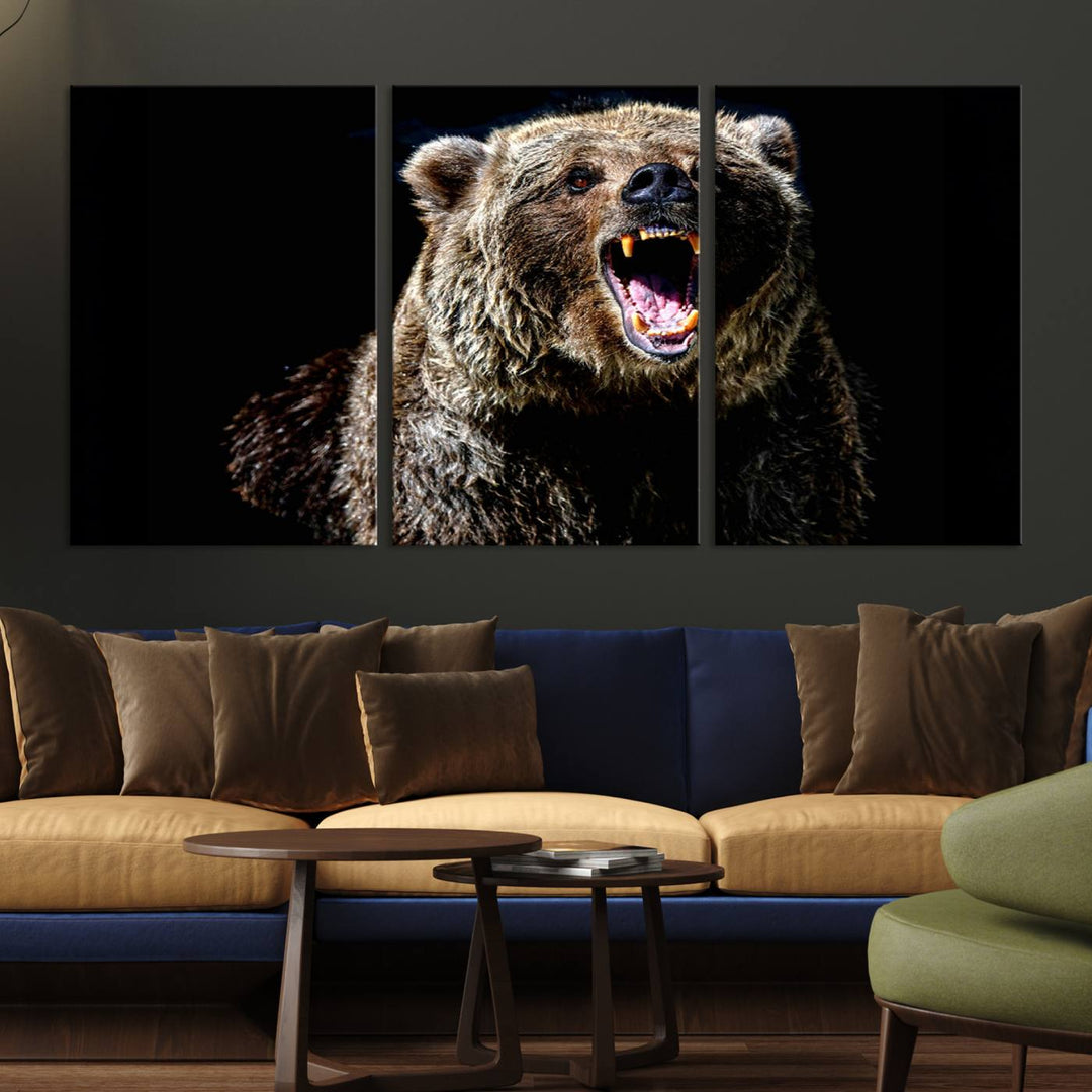 The Grizzly Bear Canvas Print, featuring wildlife wall art on a black background, is ready to hang and is perfect for rustic cabin decor.