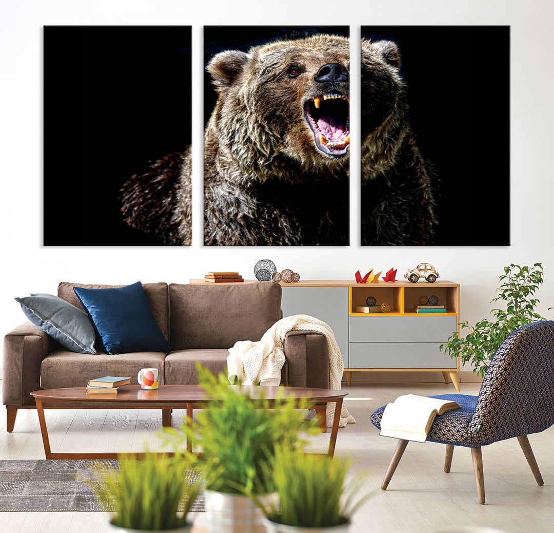 The Grizzly Bear Canvas Print, featuring wildlife wall art on a black background, is ready to hang and is perfect for rustic cabin decor.