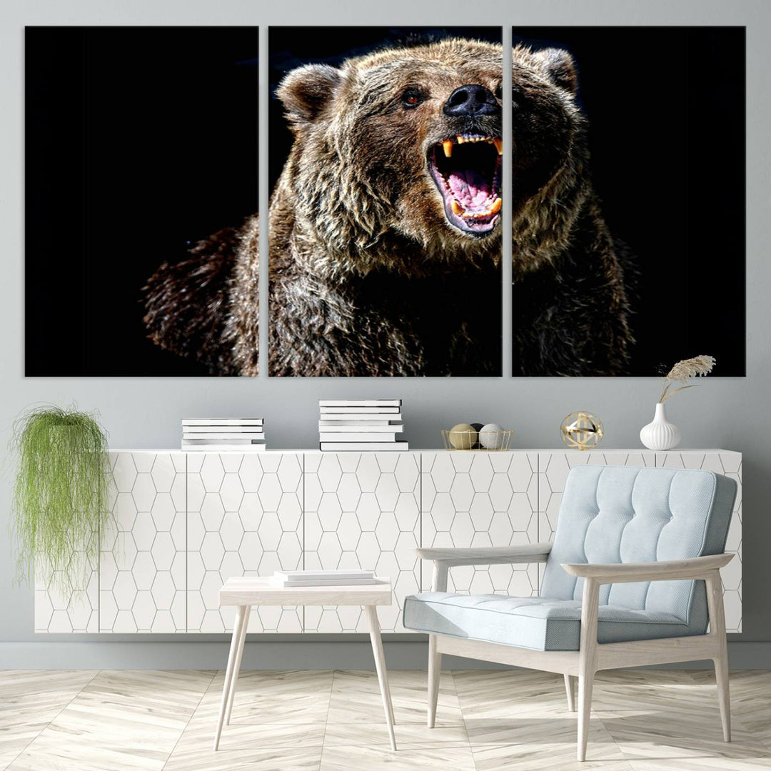 The Grizzly Bear Canvas Print, featuring wildlife wall art on a black background, is ready to hang and is perfect for rustic cabin decor.