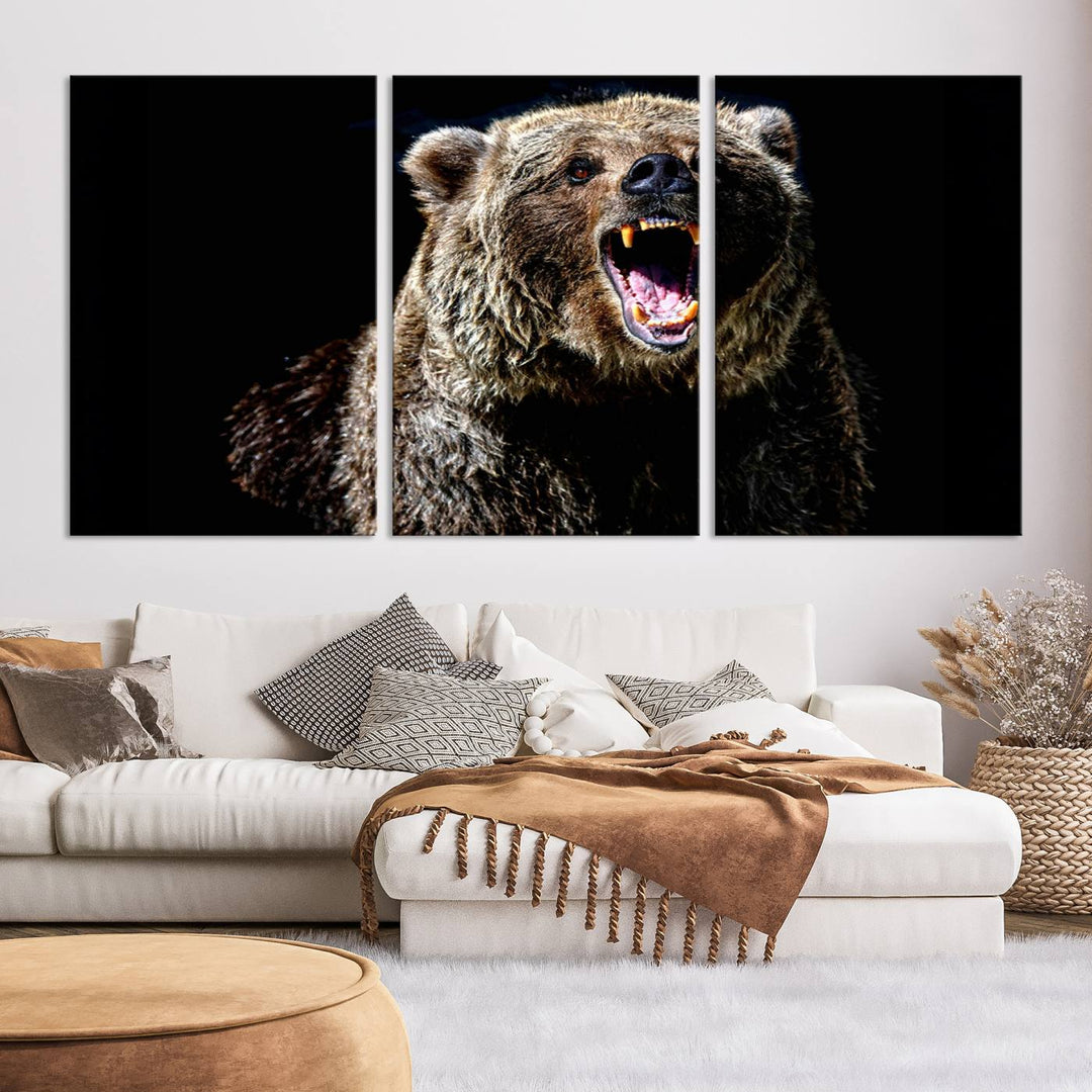 The Grizzly Bear Canvas Print, featuring wildlife wall art on a black background, is ready to hang and is perfect for rustic cabin decor.