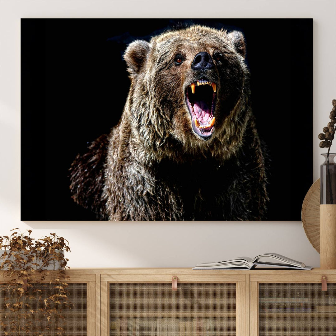 The Grizzly Bear Canvas Print, featuring wildlife wall art on a black background, is ready to hang and is perfect for rustic cabin decor.