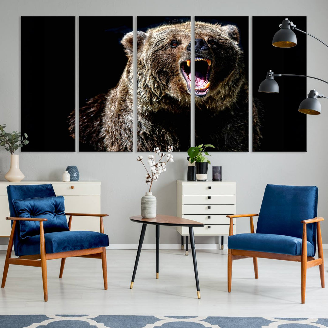 The Grizzly Bear Canvas Print, featuring wildlife wall art on a black background, is ready to hang and is perfect for rustic cabin decor.