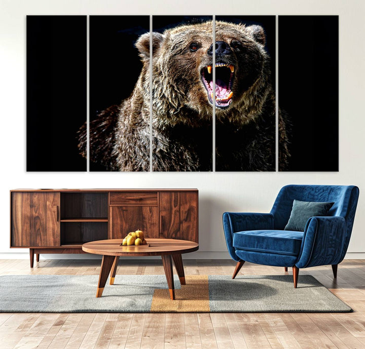 The Grizzly Bear Canvas Print, featuring wildlife wall art on a black background, is ready to hang and is perfect for rustic cabin decor.