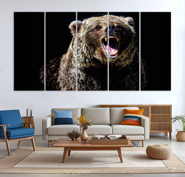 The Grizzly Bear Canvas Print, featuring wildlife wall art on a black background, is ready to hang and is perfect for rustic cabin decor.