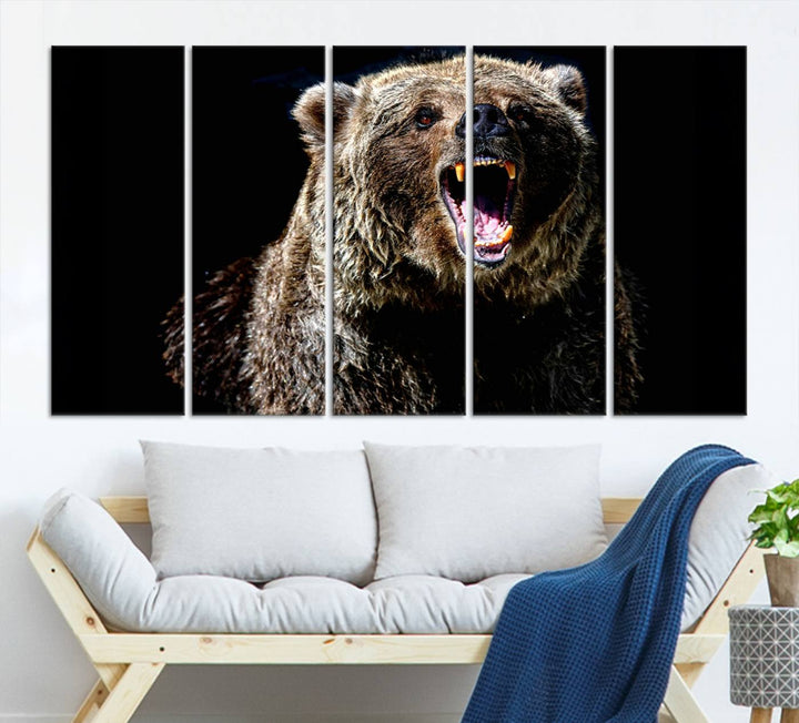 The Grizzly Bear Canvas Print, featuring wildlife wall art on a black background, is ready to hang and is perfect for rustic cabin decor.