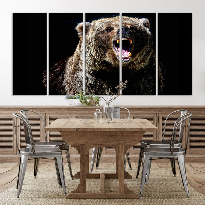 The Grizzly Bear Canvas Print, featuring wildlife wall art on a black background, is ready to hang and is perfect for rustic cabin decor.