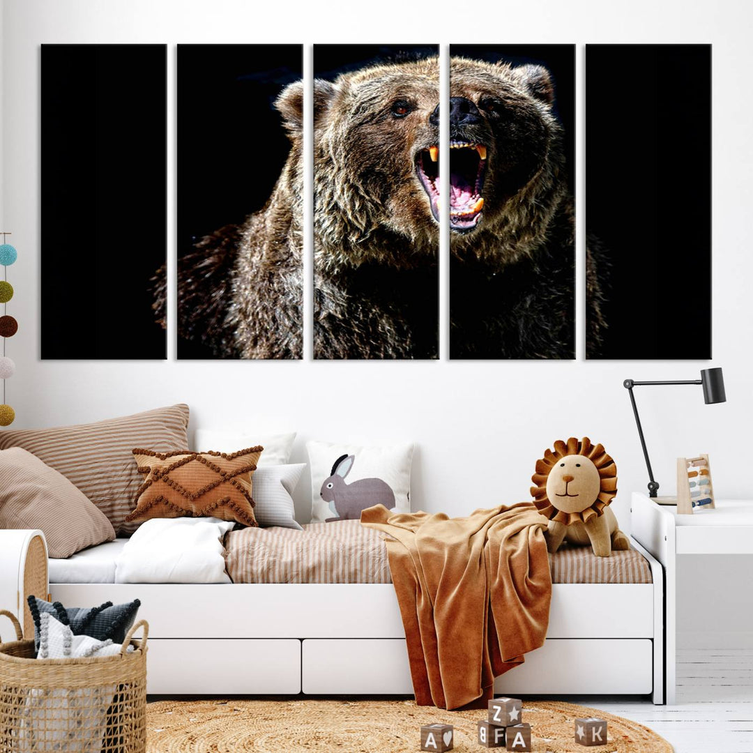 The Grizzly Bear Canvas Print, featuring wildlife wall art on a black background, is ready to hang and is perfect for rustic cabin decor.