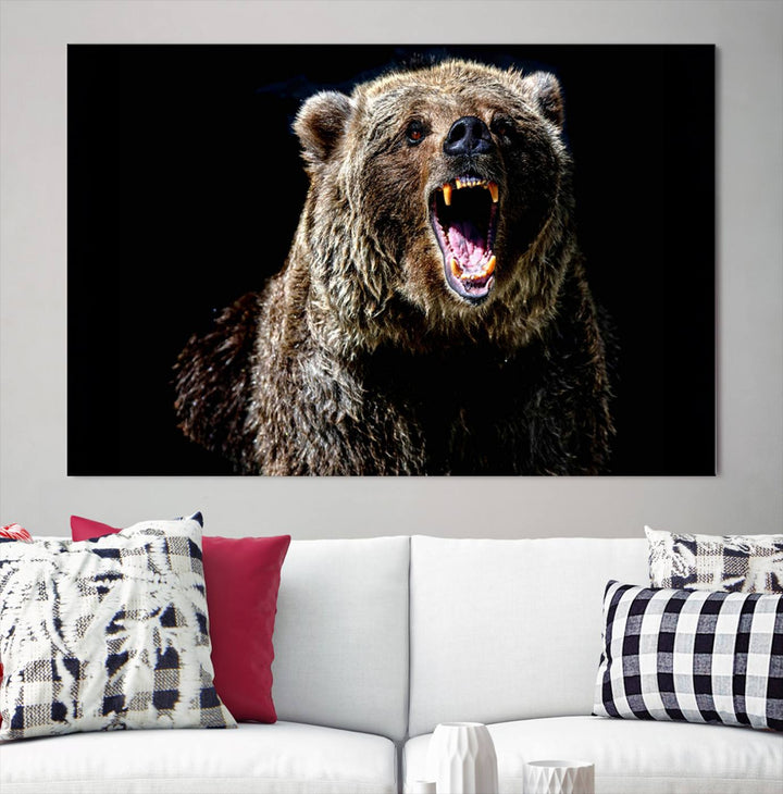 The Grizzly Bear Canvas Print, featuring wildlife wall art on a black background, is ready to hang and is perfect for rustic cabin decor.