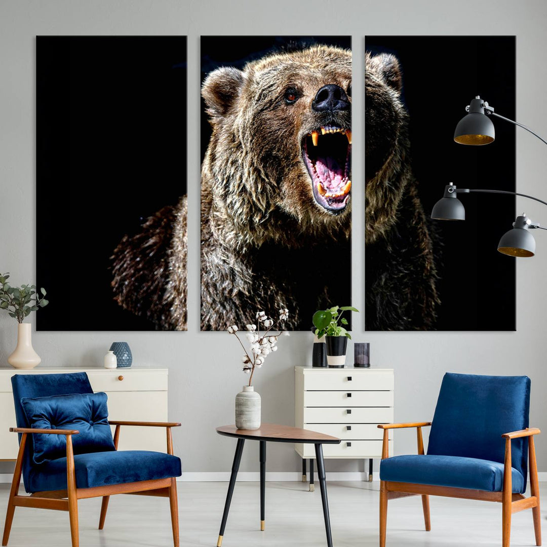 The Grizzly Bear Canvas Print, featuring wildlife wall art on a black background, is ready to hang and is perfect for rustic cabin decor.