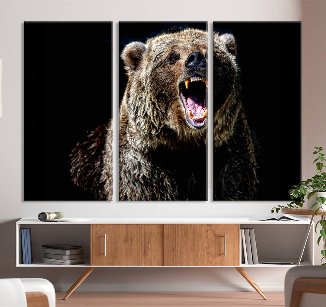 The Grizzly Bear Canvas Print, featuring wildlife wall art on a black background, is ready to hang and is perfect for rustic cabin decor.