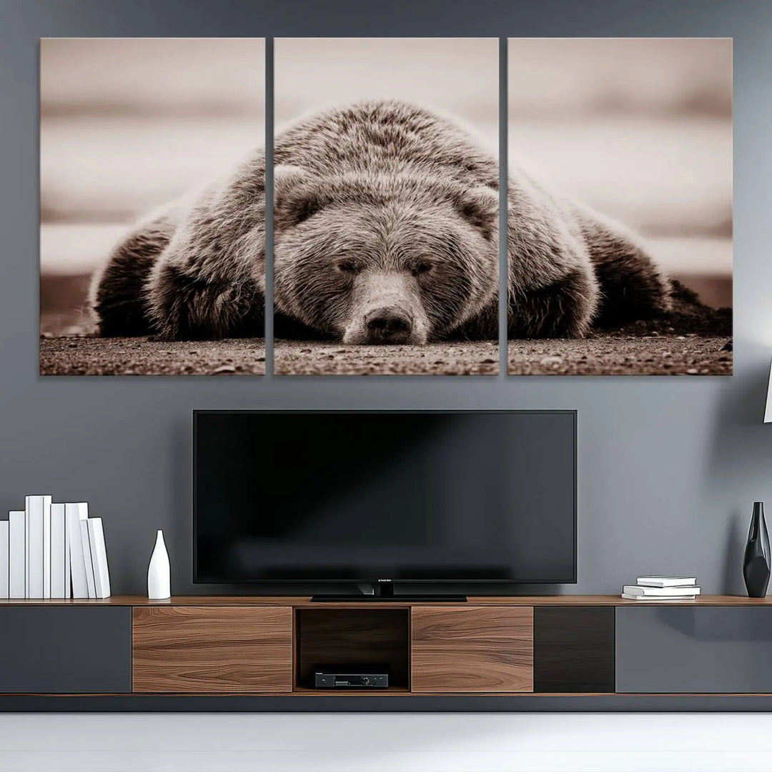 The Grizzly Bear Wall Art Print - a Rustic Bear Portrait Canvas - serves as the centerpiece on the wall, creating an elegant, nature-inspired decor.