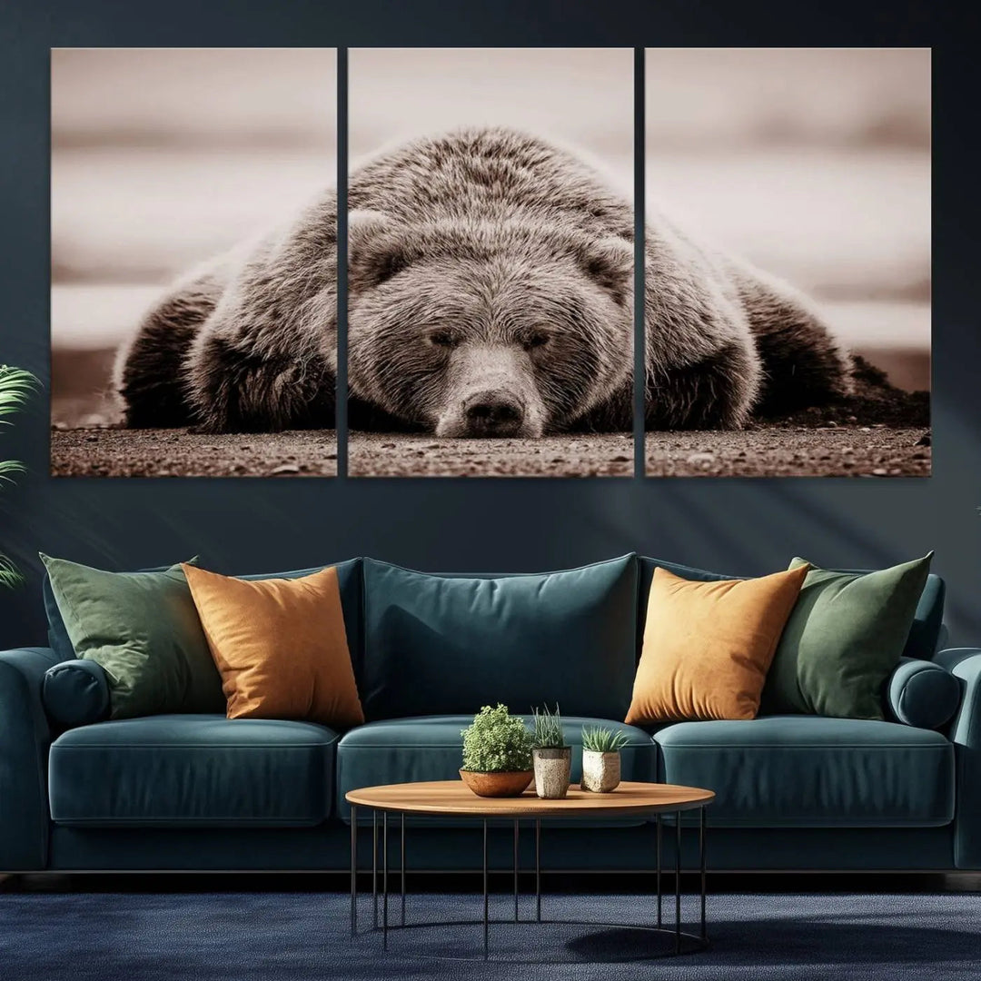 The Grizzly Bear Wall Art Print - a Rustic Bear Portrait Canvas - serves as the centerpiece on the wall, creating an elegant, nature-inspired decor.