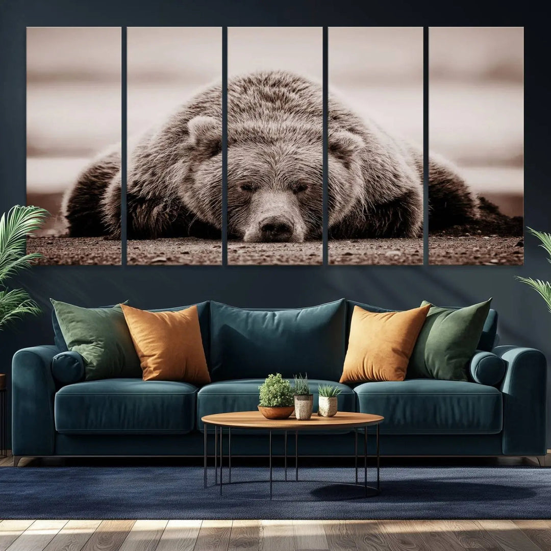 The Grizzly Bear Wall Art Print - a Rustic Bear Portrait Canvas - serves as the centerpiece on the wall, creating an elegant, nature-inspired decor.