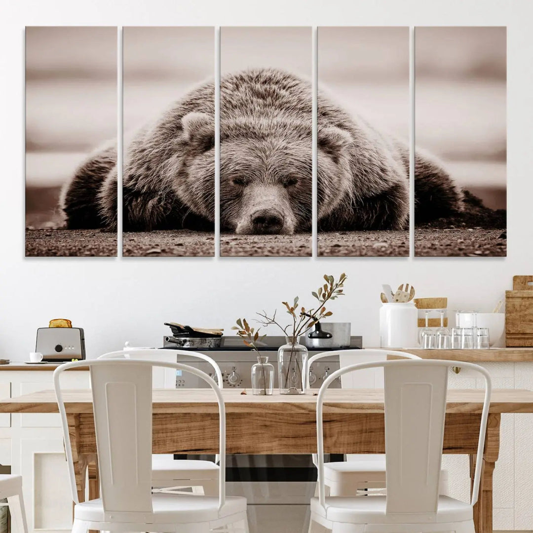 The Grizzly Bear Wall Art Print - a Rustic Bear Portrait Canvas - serves as the centerpiece on the wall, creating an elegant, nature-inspired decor.