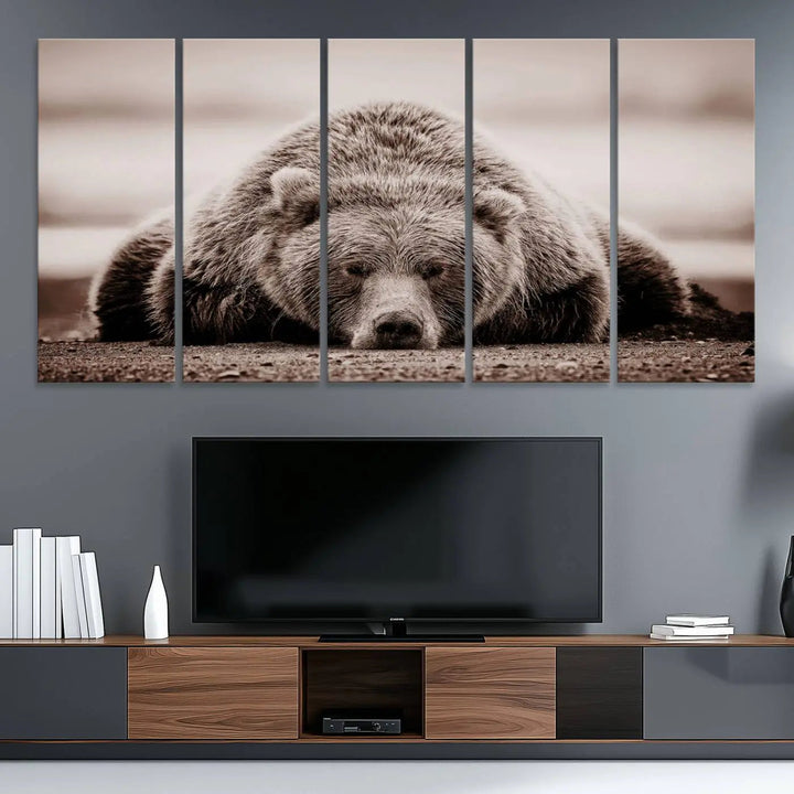 The Grizzly Bear Wall Art Print - a Rustic Bear Portrait Canvas - serves as the centerpiece on the wall, creating an elegant, nature-inspired decor.