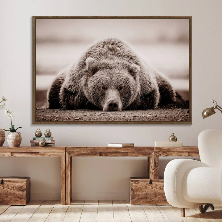 The Grizzly Bear Wall Art Print - a Rustic Bear Portrait Canvas - serves as the centerpiece on the wall, creating an elegant, nature-inspired decor.