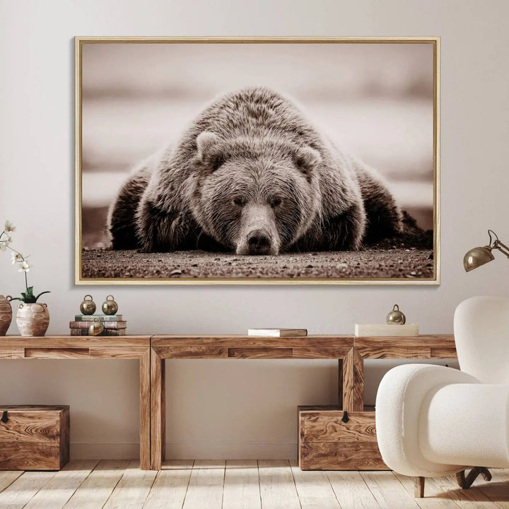 The Grizzly Bear Wall Art Print - a Rustic Bear Portrait Canvas - serves as the centerpiece on the wall, creating an elegant, nature-inspired decor.