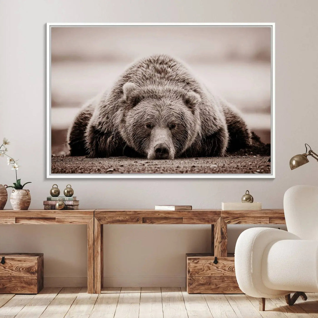 The Grizzly Bear Wall Art Print - a Rustic Bear Portrait Canvas - serves as the centerpiece on the wall, creating an elegant, nature-inspired decor.