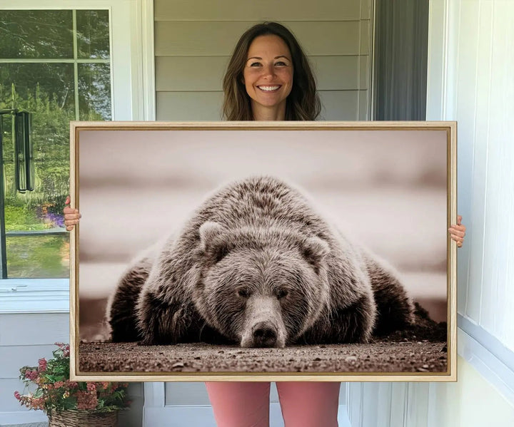 The Grizzly Bear Wall Art Print - a Rustic Bear Portrait Canvas - serves as the centerpiece on the wall, creating an elegant, nature-inspired decor.