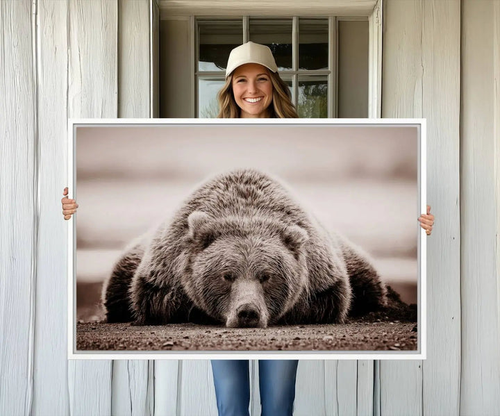 The Grizzly Bear Wall Art Print - a Rustic Bear Portrait Canvas - serves as the centerpiece on the wall, creating an elegant, nature-inspired decor.