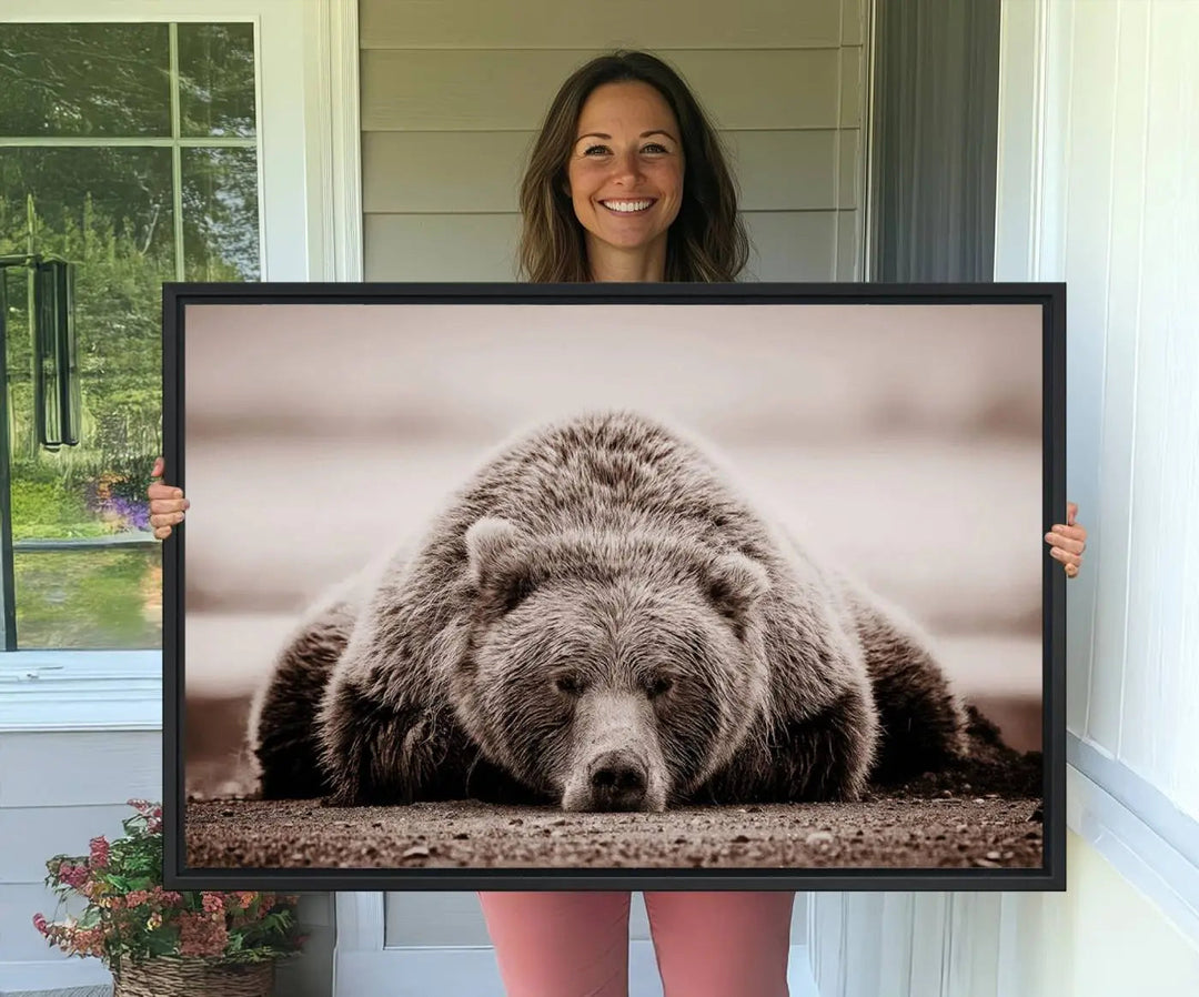 The Grizzly Bear Wall Art Print - a Rustic Bear Portrait Canvas - serves as the centerpiece on the wall, creating an elegant, nature-inspired decor.