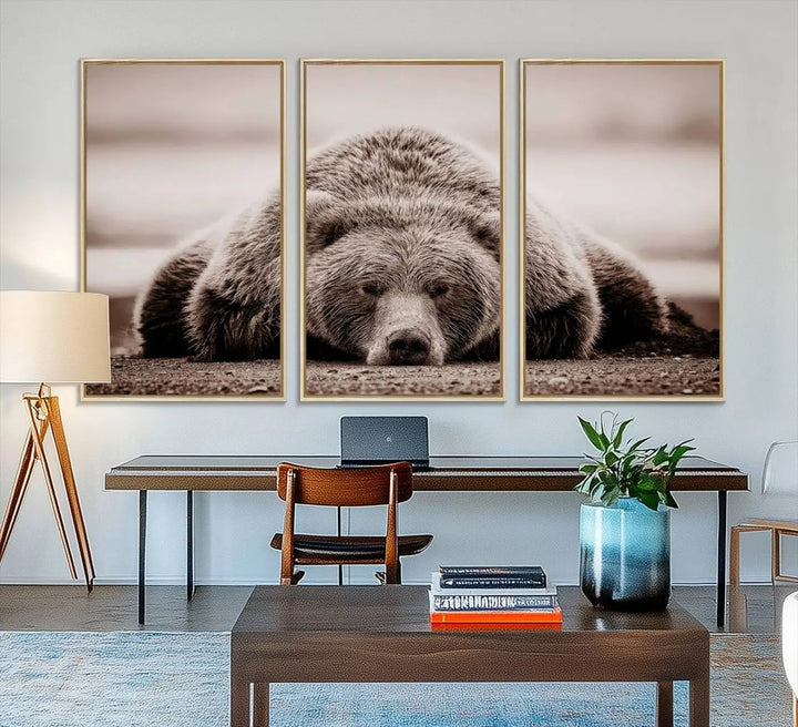 The Grizzly Bear Wall Art Print - a Rustic Bear Portrait Canvas - serves as the centerpiece on the wall, creating an elegant, nature-inspired decor.