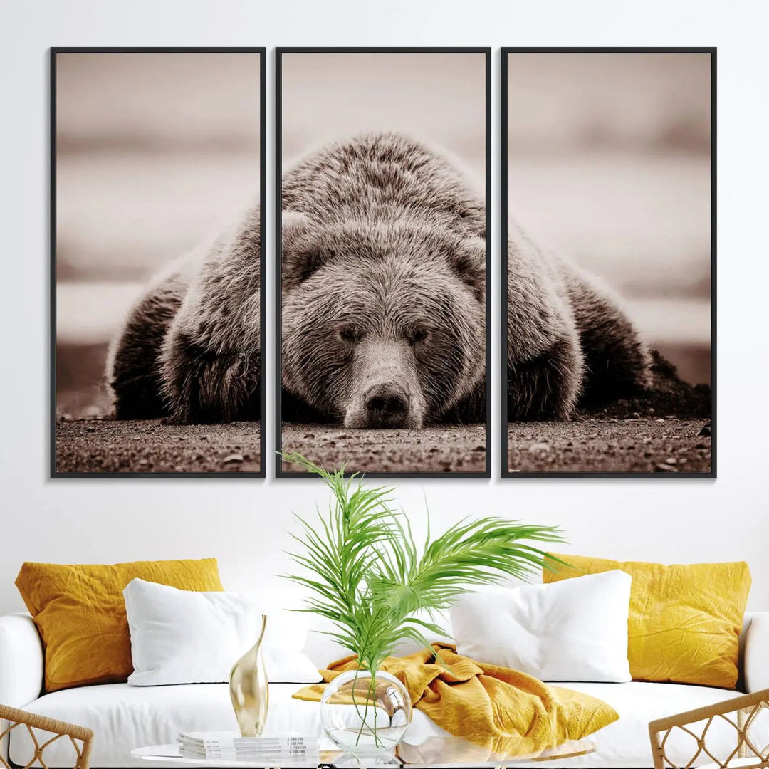 The Grizzly Bear Wall Art Print - a Rustic Bear Portrait Canvas - serves as the centerpiece on the wall, creating an elegant, nature-inspired decor.